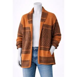 Lucky Brand Knit Cardigan Sweater Shawl Collar Southwestern Aztec L boho